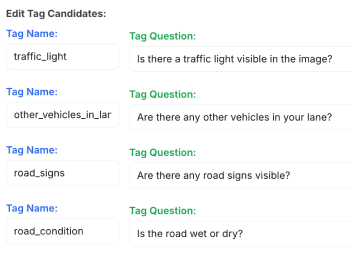 AI-Powered Custom Image Tagging Screenshot of an AI-powered image tagging system with editable tag candidates and questions.