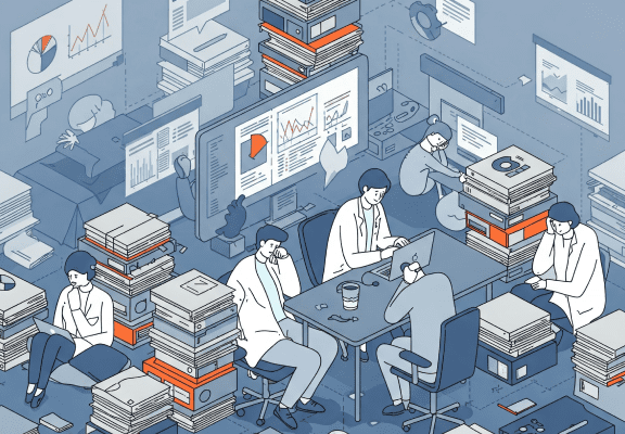 Annotation Delivery Challenges in ML Projects An illustrated scene of machine learning professionals overwhelmed by stacks of files and delayed annotations, depicting bottlenecks in ML project workflows.