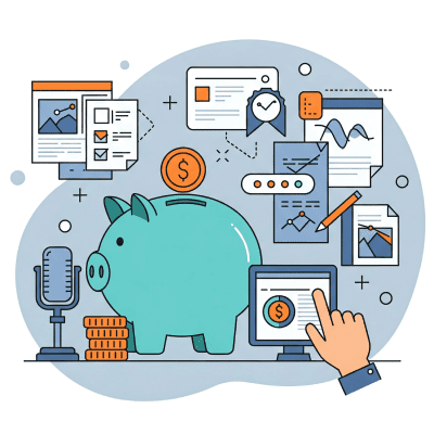 Expensive Annotation – The Cost of Manual Data Labeling Illustration of a piggy bank with digital finance elements, representing the cost of manual data annotation.