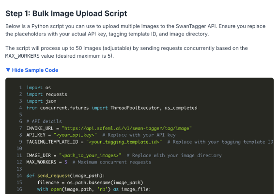 Bulk Image Upload Script for SwanTagger API Screenshot of a Python bulk image upload script for SwanTagger API, allowing concurrent requests for tagging multiple images.