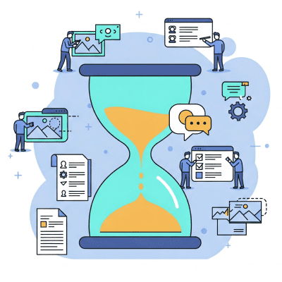 Time-Consuming Human Annotation – The Slowdown of Manual Data Labeling Illustration of an hourglass with digital workflow elements, representing the slowdowns of manual data labeling.